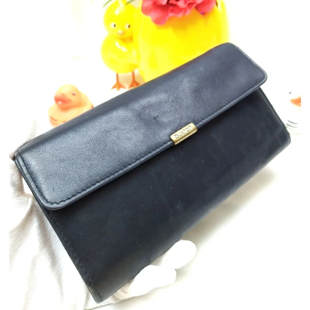 Buxton Black Leather Kisslock Credit Card ID Window Trifold Wallet